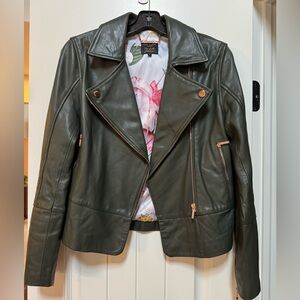 Ted Baker London Green Leather Jacket with Rose Gold Zippers